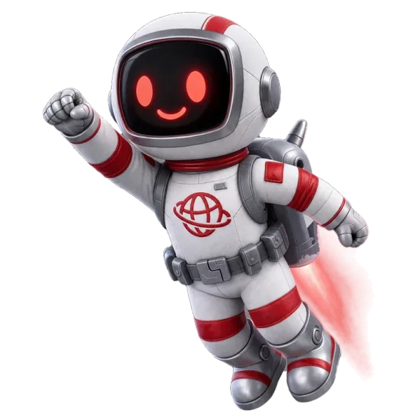 Red Orbit’s astronaut mascot, flying